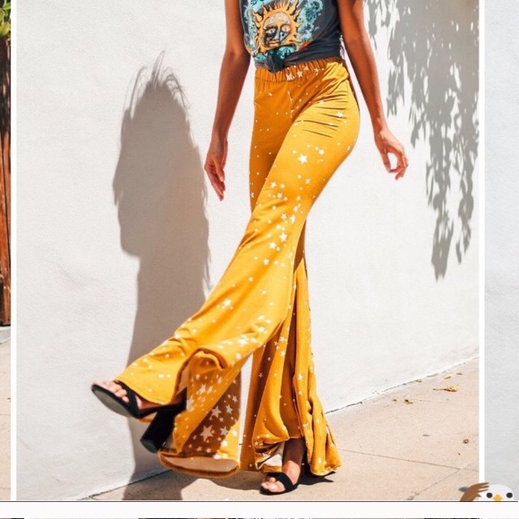 Life Clothing Co Pants - Starry Print Bell Bottom Pants Mustard Yellow